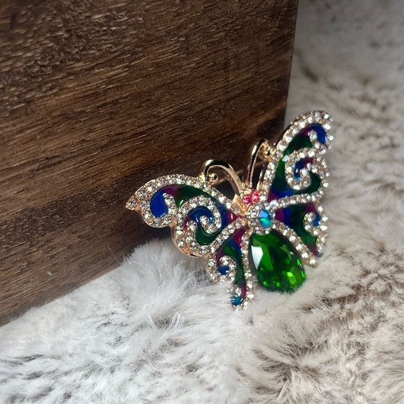 Ornate Green and Blue Gemstone Butterfly Brooch - Picture 2 of 8